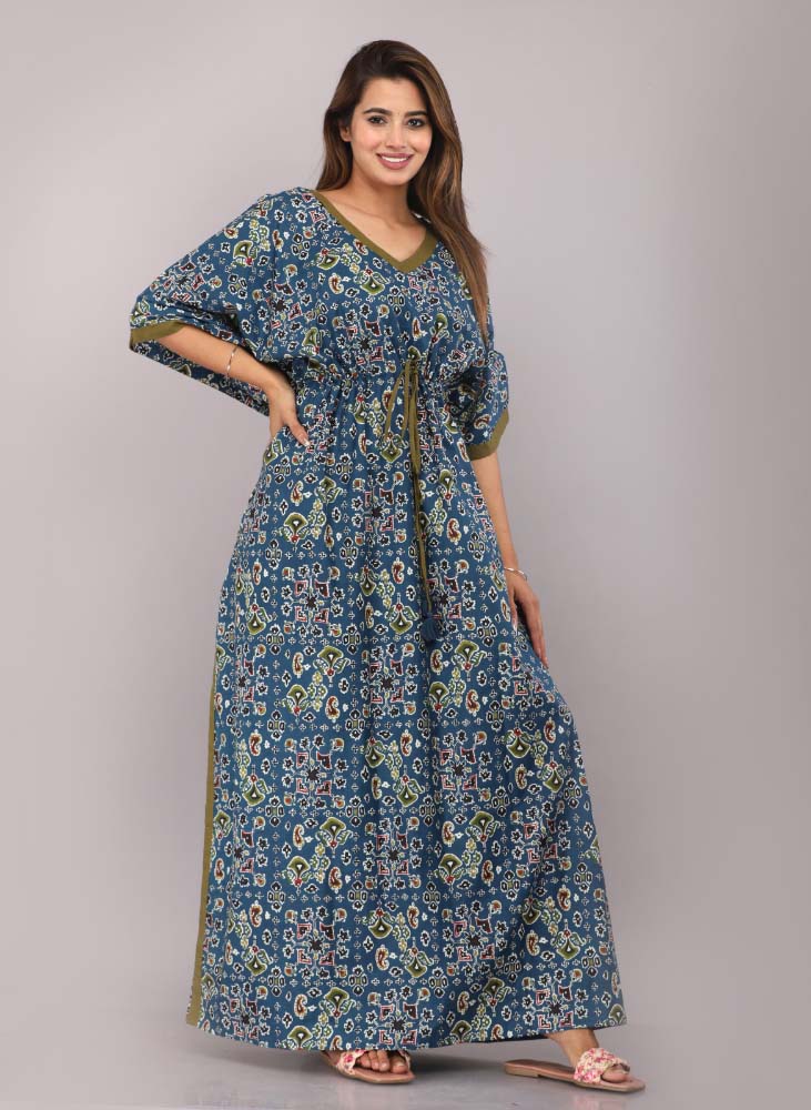 Urali® Jaipuri 100% Cotton Kaftan (Teal Blue, Free Size)