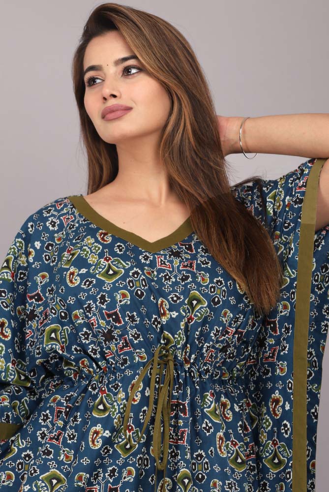 Urali® Jaipuri 100% Cotton Kaftan (Teal Blue, Free Size)
