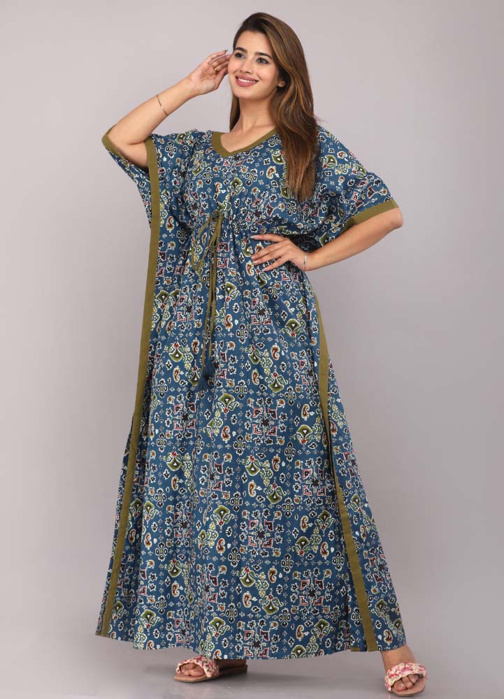Urali® Jaipuri 100% Cotton Kaftan (Teal Blue, Free Size)