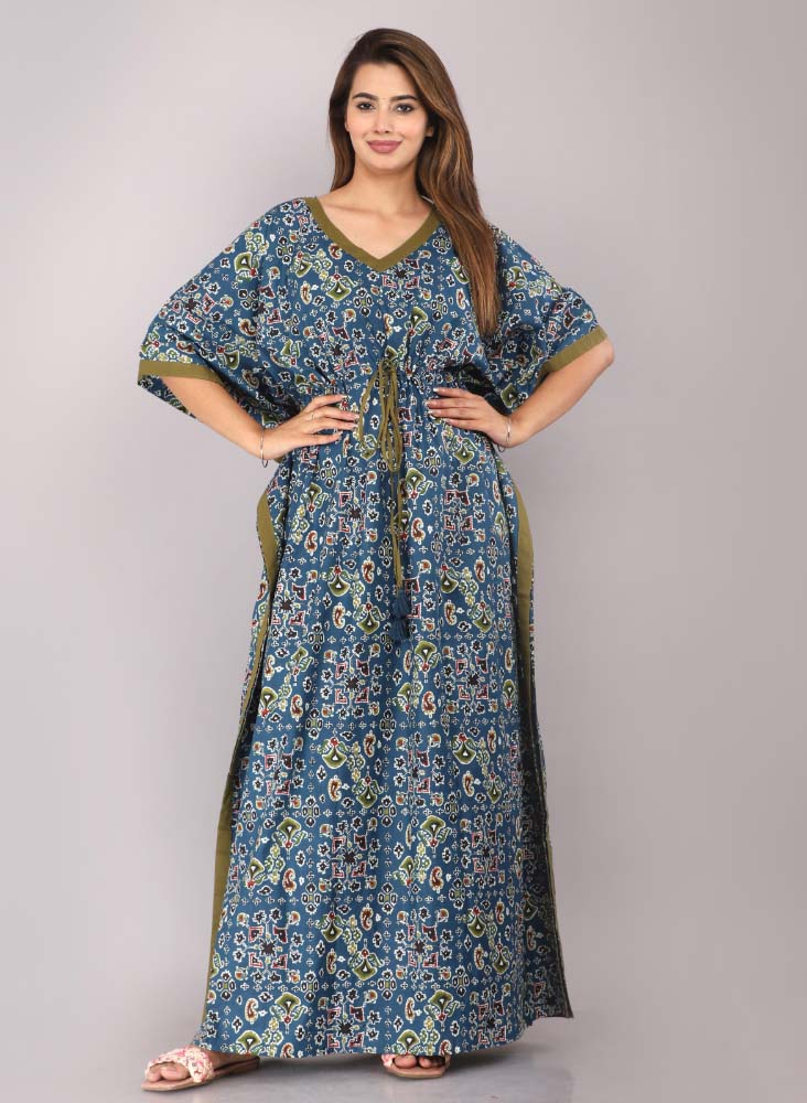 Urali® Jaipuri 100% Cotton Kaftan (Teal Blue, Free Size)